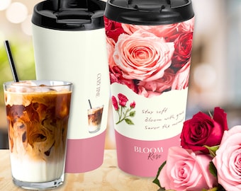 Rose Cafe Travel Mug, Floral Stainless Steel Tumbler, Flower Lover Gift, Red Rose Mug, Romantic Cafe Aesthetic Drinkware