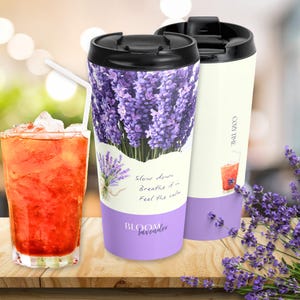 Lavender Cafe Travel Mug, Floral Stainless Steel Tumbler, Relaxing Gift for Her, Purple Flower Mug, Cozy Self Care Drinkware