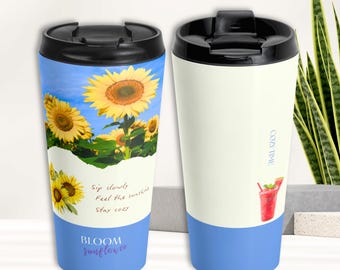 Sunflower Travel Mug, Summer Floral Tumbler Gift for Her, Yellow Flower Coffee Mug, Cozy Café Drinkware, Bright Sunflower Cup
