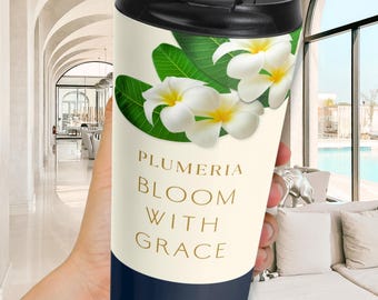 Plumeria Travel Mug, Tropical Flower Tumbler Gift for Her, Floral Coffee Mug, Hawaiian Aesthetic Drinkware, Summer Travel Cup