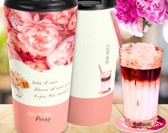 Peony Cafe Travel Mug, Floral Stainless Steel Tumbler, Flower Lover Gift, Pink Peony Mug, Cozy Cafe Aesthetic Drinkware