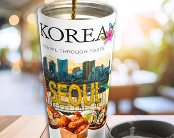 Viaggio a Seoul – Bicchiere termico da 440 ml · Cibo dal mondo · Bicchiere termico portatile / Regalo a tema cibo coreano, dessert coreano, snack coreano