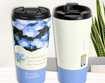 Nemophila Travel Mug, Blue Flower Tumbler Gift for Her, Floral Coffee Mug, Soft Aesthetic Drinkware, Nemophila Flower Cup