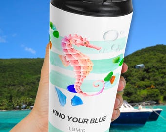 Copo térmico Cavalo-marinho, Caneca de viagem com estampa oceânica, Presente para amantes do oceano, Presente em vidro do mar, Presente para melhor amigo, Copo de café térmico