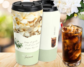 Jasmine Cafe Travel Mug, Floral Stainless Steel Tumbler, Elegant Gift for Her, White Flower Mug, Minimal Floral Drinkware
