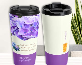Hydrangea Travel Mug, Blue Floral Tumbler Gift for Her, Cottagecore Coffee Mug, Cozy Café Drinkware, Hydrangea Flower Cup