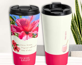 Hibiscus Travel Mug, Tropical Floral Tumbler Gift for Her, Pink Flower Coffee Mug, Summer Café Drinkware, Hibiscus Cup