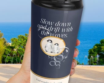Penguin Travel Mug, Ocean Tumbler Gift for Ocean Lovers, Marine Life Coffee Mug, Penguin Drinkware, Coastal Travel Cup, Sea Inspired Gift