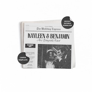 May include: A black and white newspaper-style wedding announcement with the headline "KAYLEEN & BENJAMIN Are Tying the Knot." The announcement includes a photo of a couple toasting and the text "The Wedding Express."