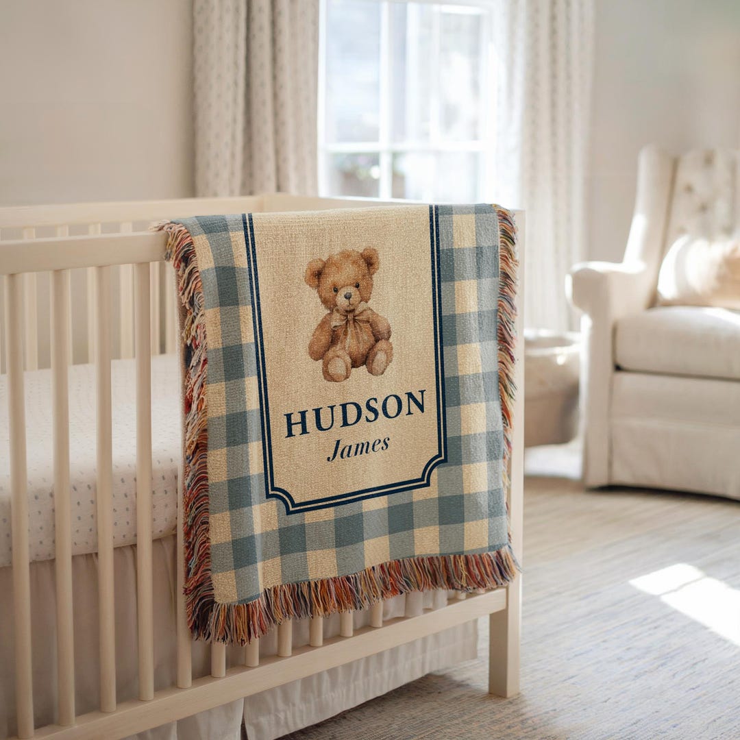 Personalized Woven Teddy Bear Baby Blanket , Woven Cotton Name Blanket ...