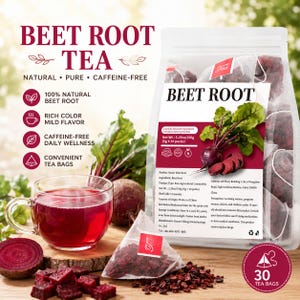 May include: A clear glass mug filled with deep red beet root tea, next to a white pouch containing 30 tea bags. The label reads BEET ROOT TEA, 100% NATURAL, CAFFEINE-FREE, and lists a net weight of 5.29oz/150g. Fresh beet root pieces are visible.