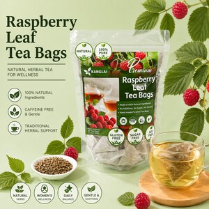 Peut inclure: Un sachet transparent de sachets de thé aux feuilles de framboisier, une tasse de thé et un bol de thé en vrac. Le sachet porte l'inscription "Raspberry Leaf Tea Bags" et "Natural Herbal Tea for Wellness". Des framboises fraîches sont également visibles.