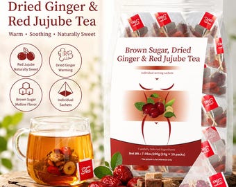 May include: A clear glass mug filled with brown tea, red jujube, and ginger sits on a wooden surface. A bag of tea with the text "Brown Sugar, Dried Ginger & Red Jujube Tea" is in the background. The image also shows individual tea bags and ingredients.
