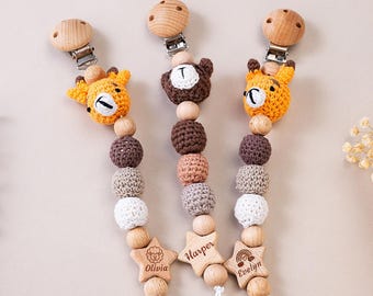 Gepersonaliseerde babyfopspeenclip, gegraveerde babynaamfopspeenclip, aangepaste gehaakte dierenfopspeenclip, cadeau pasgeborene, kraamcadeau