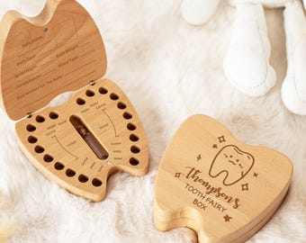 Custom Name Tooth Fairy Box, Wooden Tooth Box Keepsake for First Tooth, Engraved Tooth Fairy Trays,  Baby Shower Gift, Christening Gift
