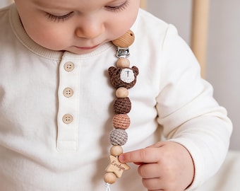 Personalized Crochet Pacifier Clip with Name, Engraved Baby Dummy Chain, Baby Shower Gift, Gift for Boys, Handmade Soother Clip