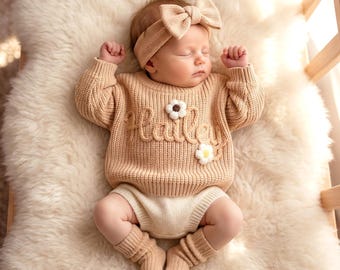 Suéter de punto personalizado para bebé con nombre, suéter para recién nacido bordado a mano, suéter con monograma, regalo para niño y niña, regalo para mamá primeriza.