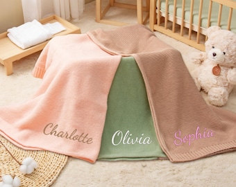 Custom Baby Name Blanket, Embroidered Baby Name Blanket, Soft Cotton Knit Blanket, Baby Girl Blanket,Newborn Blanket, Keepsake Gift for Baby