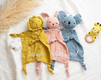 Personalized Animal Comforter, Embroidered Baby Comforter with Name, Muslin Baby Comforter, Baby Shower, Custom Baby Gift, Newborn Gift
