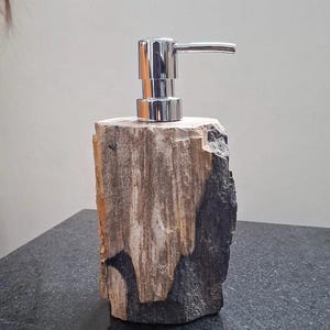 May include: A natural stone soap dispenser with a polished chrome pump. The dispenser is made from a piece of petrified wood, showcasing a mix of brown, gray, and black tones. It sits on a dark surface.