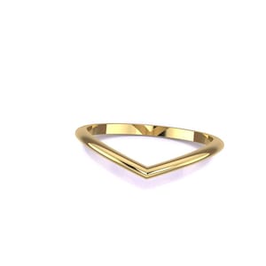 May include: A gold-colored ring with a V-shaped design. The ring is smooth and polished, reflecting light. The band is a continuous loop, creating a minimalist and elegant aesthetic. The ring is likely made of gold or a gold-colored metal.