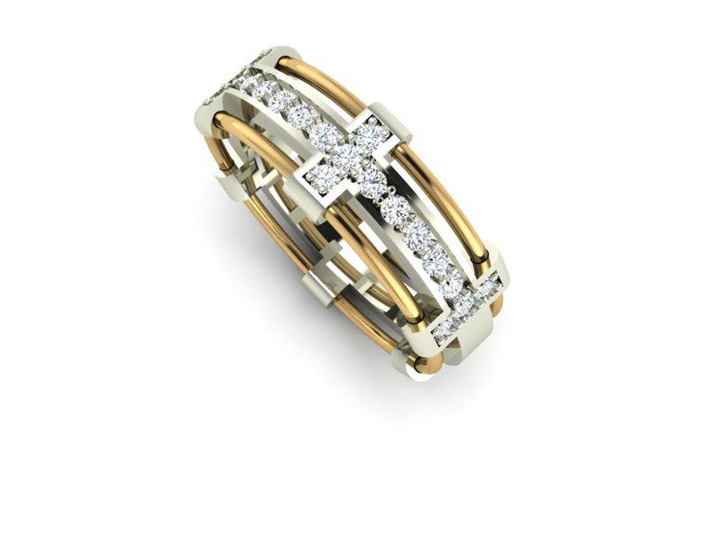 Peut inclure: Une bague bicolore avec un motif de croix. La bague pr&eacute;sente un anneau dor&eacute; et un anneau argent&eacute;, avec une rang&eacute;e de pierres pr&eacute;cieuses claires. La croix est form&eacute;e par l'intersection des anneaux dor&eacute;s et argent&eacute;s.