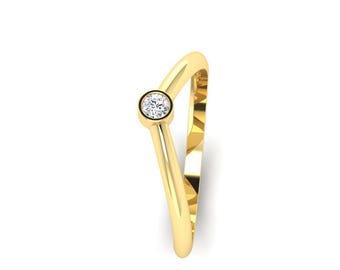 Bague diamant rond serti clos, or massif 10 carats 14 carats, bague promesse solitaire minimaliste