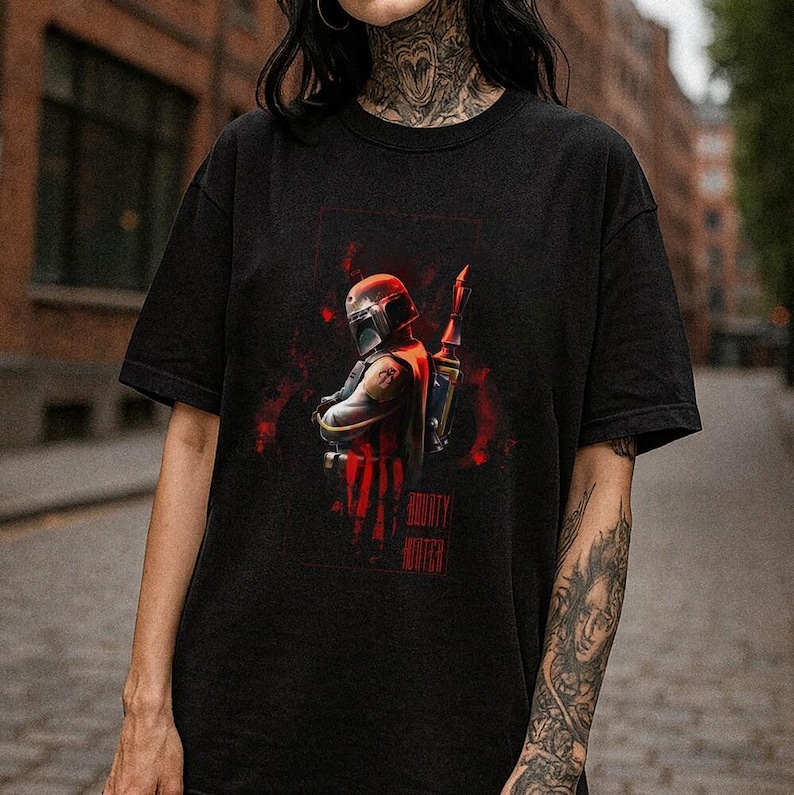 Mandalorian Graphic Shirt, Vintage StarWars Tee, Grogu Bounty Hunter Shirt, 90s Style StarWars Merch,StarWars Streetwear Tee image 1