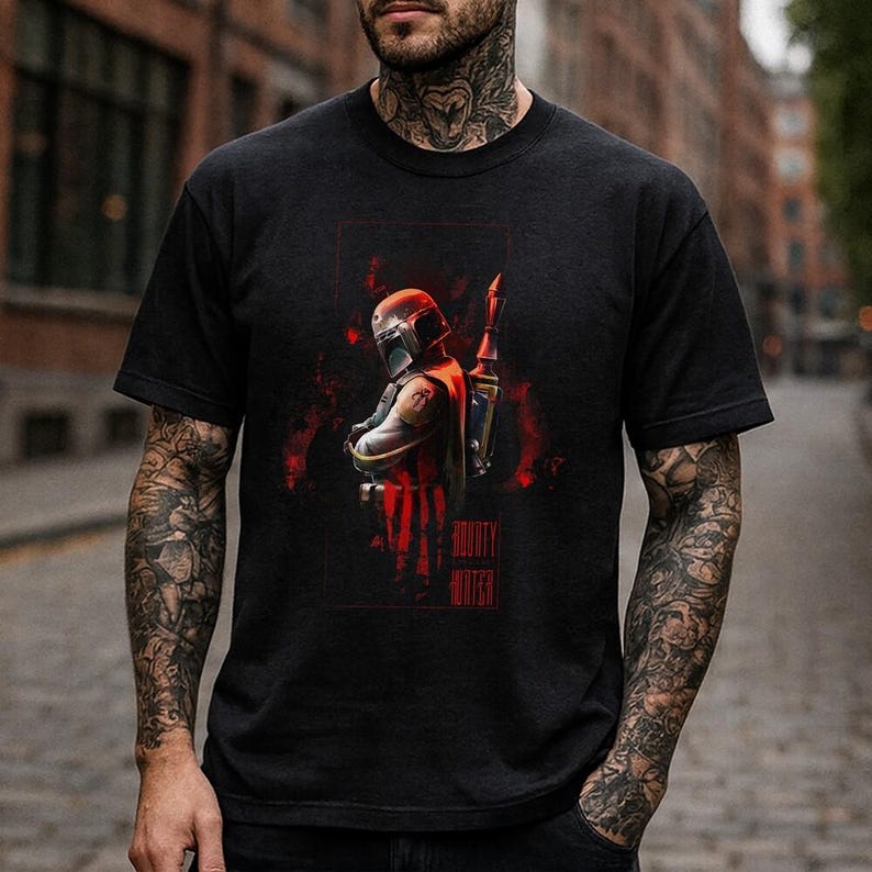 Mandalorian Graphic Shirt, Vintage StarWars Tee, Grogu Bounty Hunter Shirt, 90s Style StarWars Merch,StarWars Streetwear Tee image 3