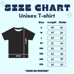 The image is a size chart for a unisex t-shirt, providing measurements for different sizes ranging from 28 to 35 inches.