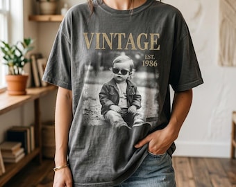 Personalised Vintage Photo And Year Shirt, Custom Picture Birthday Shirt, 30th Birthday Gift, 40th Birthday Gift, Retro 30th Birthday Shirt
