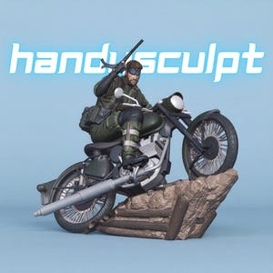 May include: A detailed figurine of a soldier in olive green tactical gear riding a black motorcycle over a rocky base. The soldier wears a bandana and holds a handgun. The text "handysculpt" is visible in white letters against a light blue background.