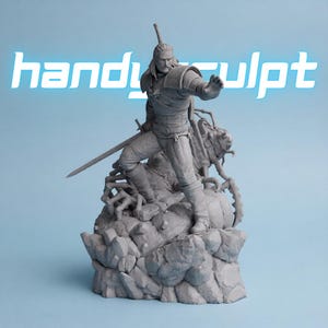 May include: A gray resin figurine of a warrior with long hair, wearing armor and holding a sword, standing on a rocky base with a creature. The text handysculpt is visible in white letters behind the figure against a light blue background.