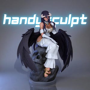 May include: A collectible figurine of a character with long dark hair, white horns, and large black feathered wings. The figure wears a white dress with a gold-accented bodice and white gloves, sitting atop a dark gray skull. Text reads handysculpt.