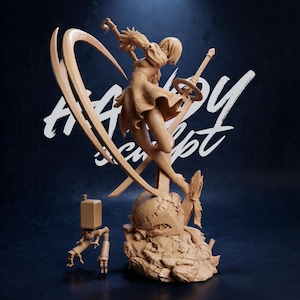 May include: A tan-colored figurine of a female character in a dynamic pose, wielding a sword and surrounded by stylized energy effects. A small robot figure stands nearby. The base is a detailed, textured landscape. The background is dark blue with white text.