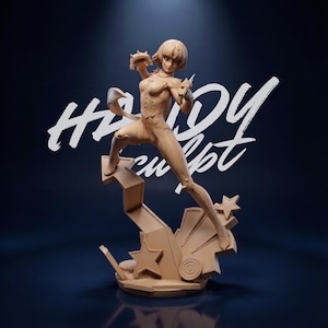 May include: A tan-colored sculpture of a female figure in a dynamic pose, holding objects in both hands. The figure is on a geometric base with stars and arrows. The words "HANDY sculpt" are written in white script.