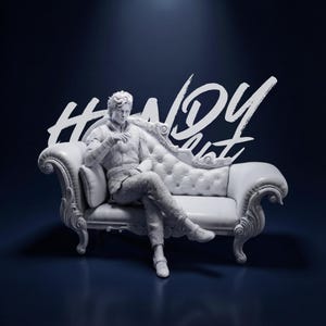 May include: A white sculpture of a person seated on a white chaise lounge. The person is wearing detailed clothing and shoes. The word "HANDY" is written in white script above the sculpture against a dark blue background.