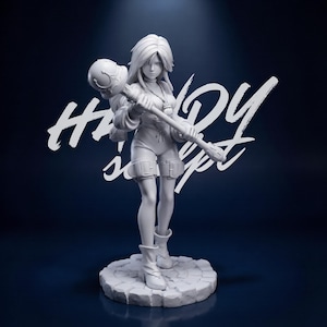 May include: A white figurine of a female character holding a staff with a skull-shaped top. She wears a short jumpsuit and boots, standing on a stone-like base. The background is dark blue with white text that reads "HANDY is up".