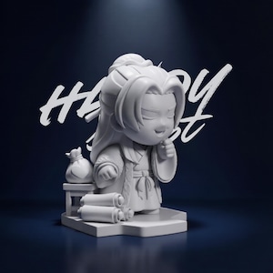May include: A white figurine of a smiling character in traditional clothing, with long hair and a robe. The figurine stands on a base with a small table and scrolls. The word "HAPPY" is written in white script in the background.