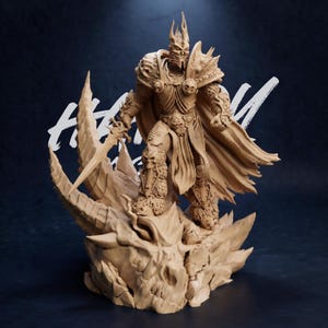 May include: A tan-coloured figurine of a warrior in detailed armour, holding a sword, standing on a skull-shaped base. The figure has a crown and cape, with skull accents on the armour. The background is a dark blue.