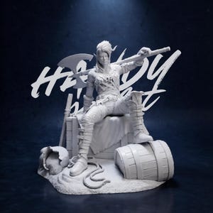 May include: A detailed, monochromatic sculpture of a seated warrior figure with an axe. The figure is wearing armor and boots, and is posed with an axe resting on their shoulder. The sculpture is set against a dark background with the word "Hardy" in white.