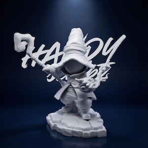May include: A white wizard figurine holding a staff and a glowing orb. The wizard is wearing a hat and a long coat. The figurine is standing on a stone base. The text "HAPPY" and "STUDIO" is written in white on the background.