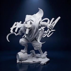 May include: A white figurine of a wolf-like character in a hooded cloak, holding two curved blades. The figure stands on a wooden platform with a barrel, with the text "All Out" in the background.