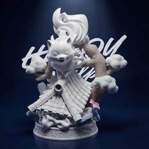 May include: A white figurine of a fox-like creature with a roof-like structure and a tree with clouds. The figurine has a smiling face and is set against a dark blue background. The word "Happy" is written in white.