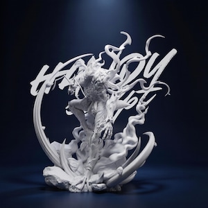 May include: A white sculpture of a creature in a dynamic pose, with intricate details and flowing elements. The sculpture is set against a dark blue background, with the word "HARDY" written in white script. The figure is on a rocky base.