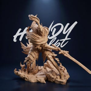 May include: A detailed sculpture of a warrior figure in a dynamic pose, holding a large sword. The figure is clad in armor and stands on a rocky base. The sculpture is a light brown color, with the text "Handy Lot" in white script in the background.