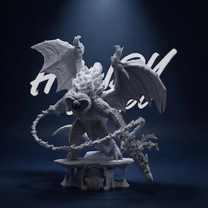 May include: A detailed, grayscale sculpture of a winged demon with a fiery mane and a spiked whip. The creature stands on a rocky platform, with the word "Hello" in white script in the background. The sculpture has intricate details.