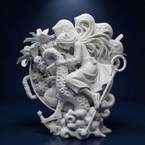 Könnte beinhalten: Eine weiße Skulptur, die eine Figur zeigt, die eine Oktopus-Tentakel umarmt, umgeben von stilisierten Früchten und Gemüse. Die Figur sitzt auf einer Wolke und hält einen Stab mit einer Schlaufe. Die Skulptur hat ein detailliertes, künstlerisches Design.