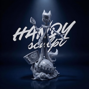 May include: A gray figurine of a character with fox-like ears, holding a staff and standing on a cloud-like base. A television with a smiling face is at the base. The text "HANDY sculpt" is written in white script.