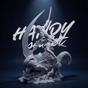 Puede incluir: Escultura monocromática de un guerrero con dos espadas, posando sobre la cabeza de un dragón. Una hoja en forma de media luna está detrás del guerrero. Las palabras "HANDY" y "SUMMIT" están escritas en blanco.